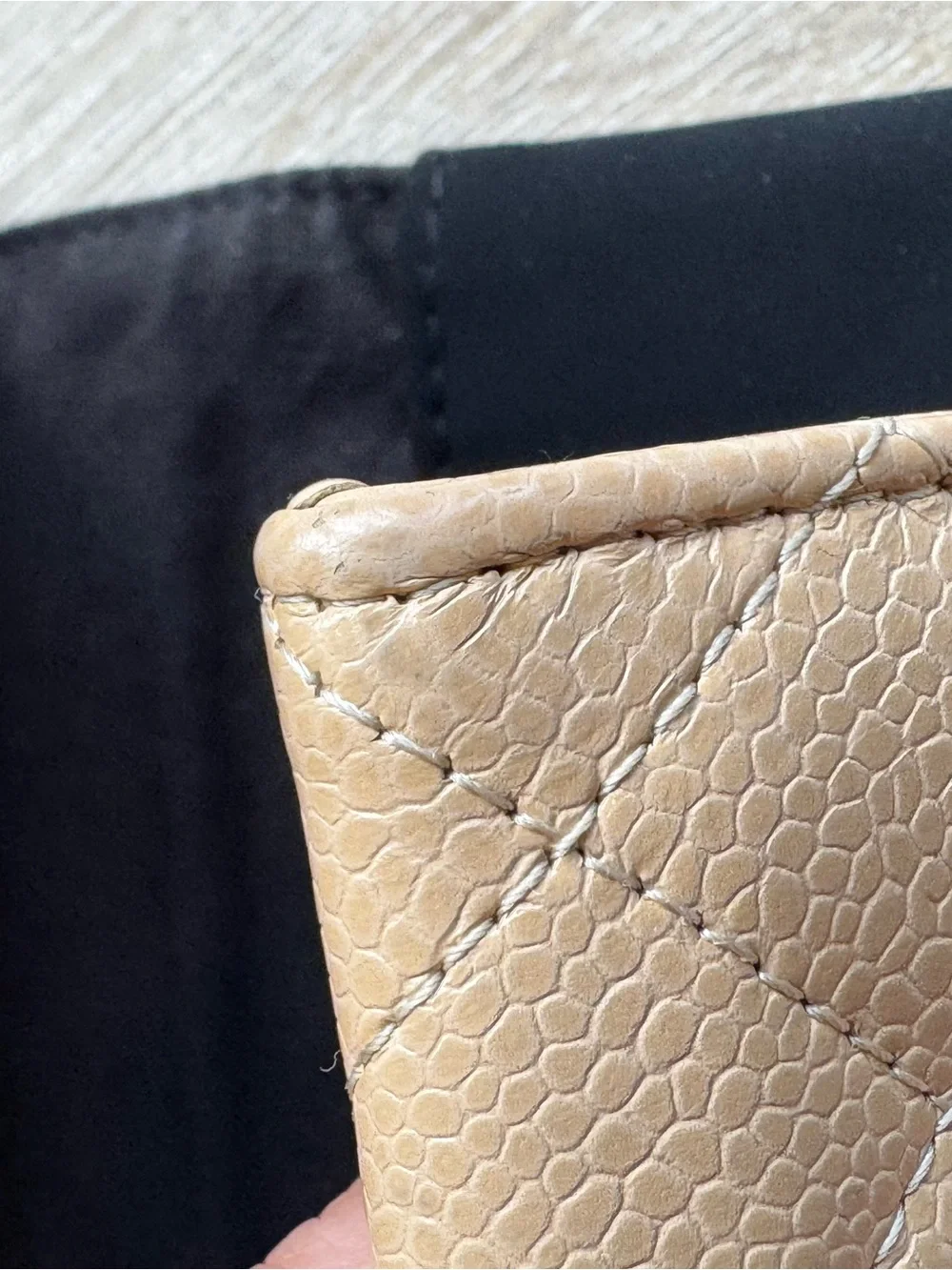 CHANEL Beige Quilted Caviar Leather Card Holder with Silver CC